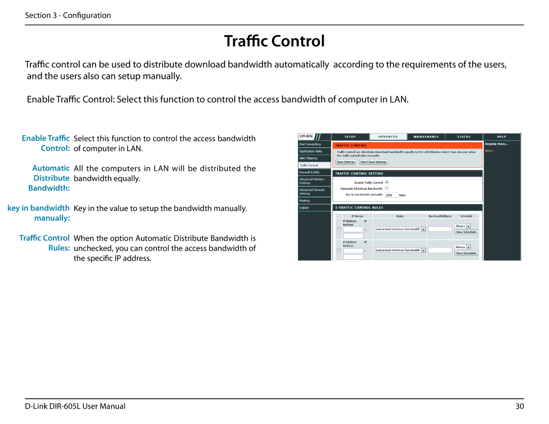 D-Link DIR-605L user manual Traffic Control, Bandwidth 
