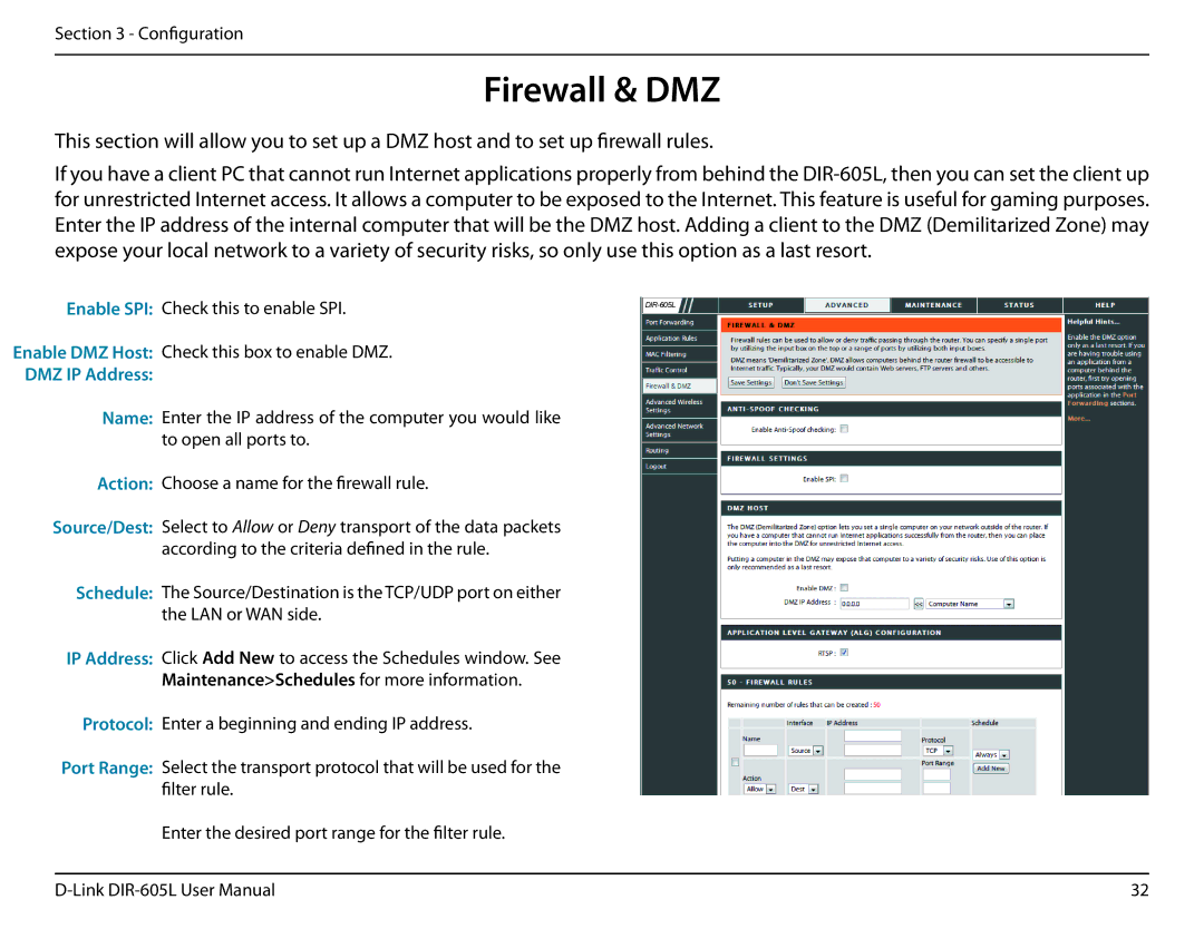 D-Link DIR-605L user manual Firewall & DMZ, DMZ IP Address 