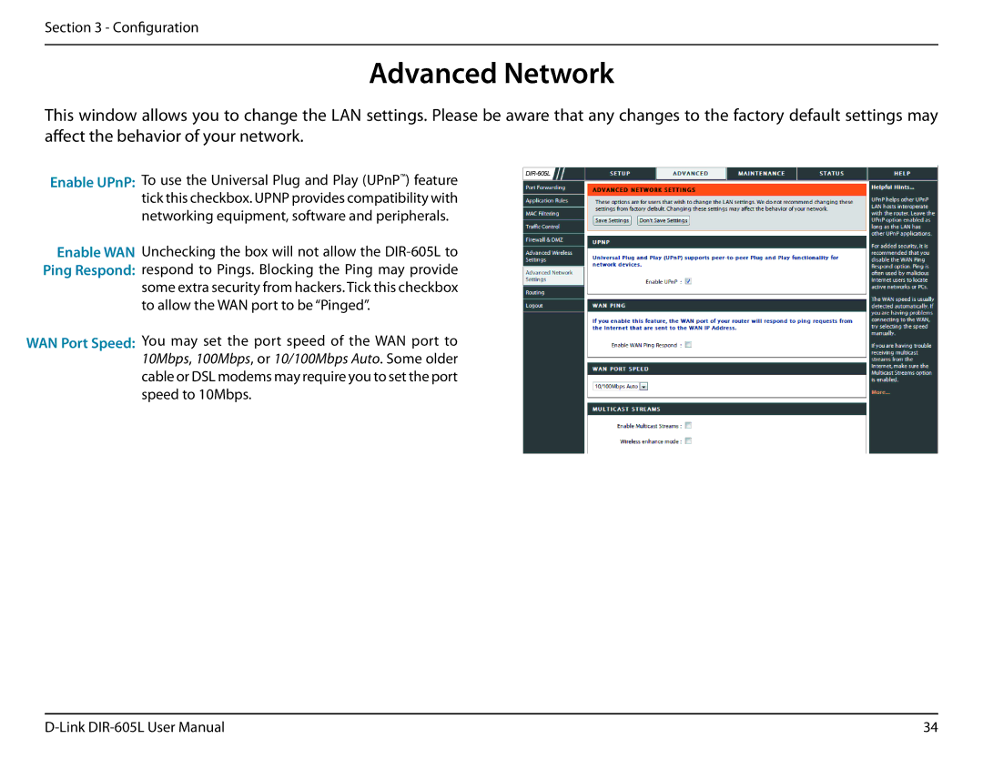 D-Link DIR-605L user manual Advanced Network, Enable UPnP 