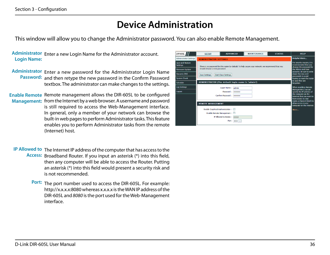 D-Link DIR-605L user manual Device Administration, Port 