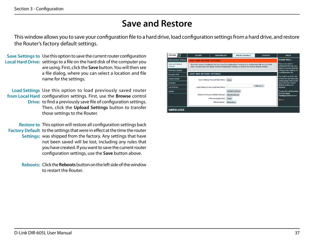 D-Link DIR-605L user manual Save and Restore 