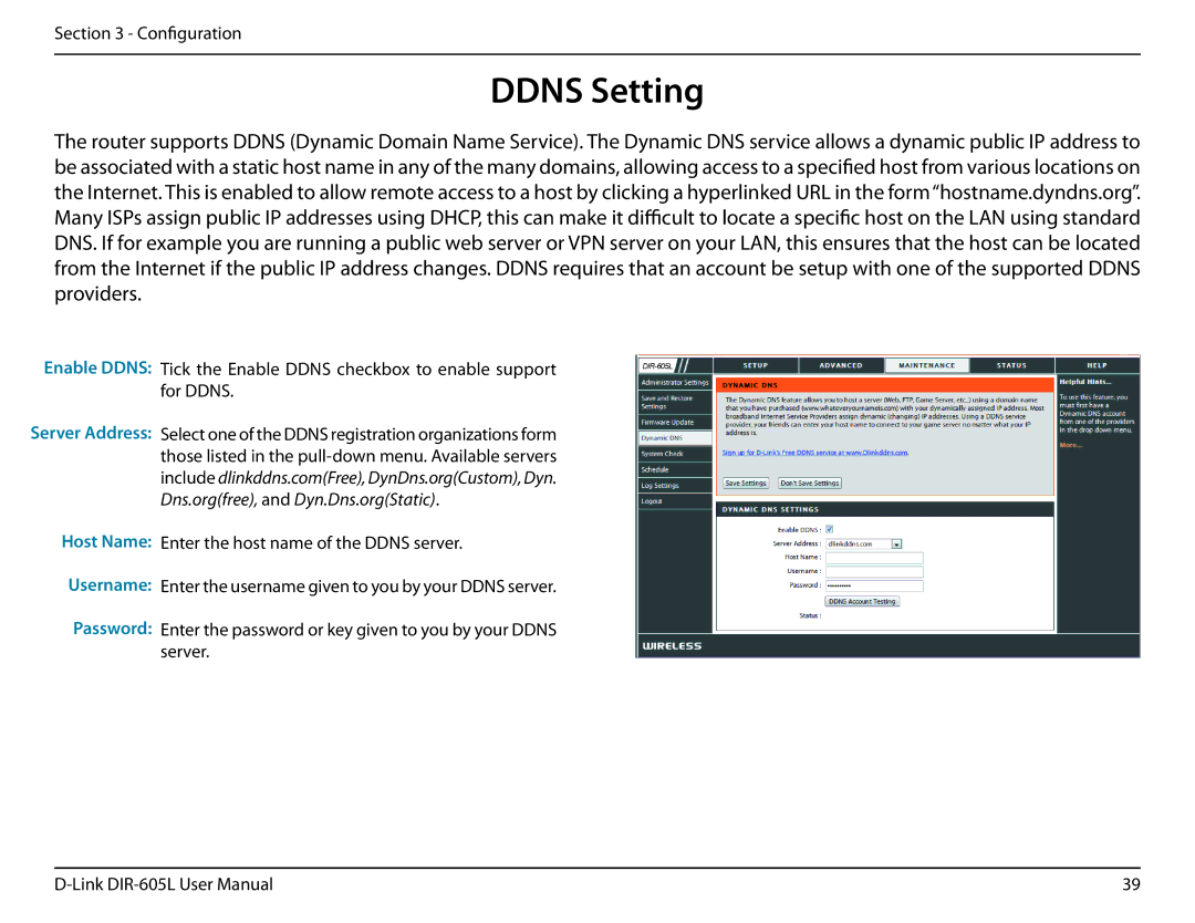 D-Link DIR-605L user manual Ddns Setting, Host Name Username Password 