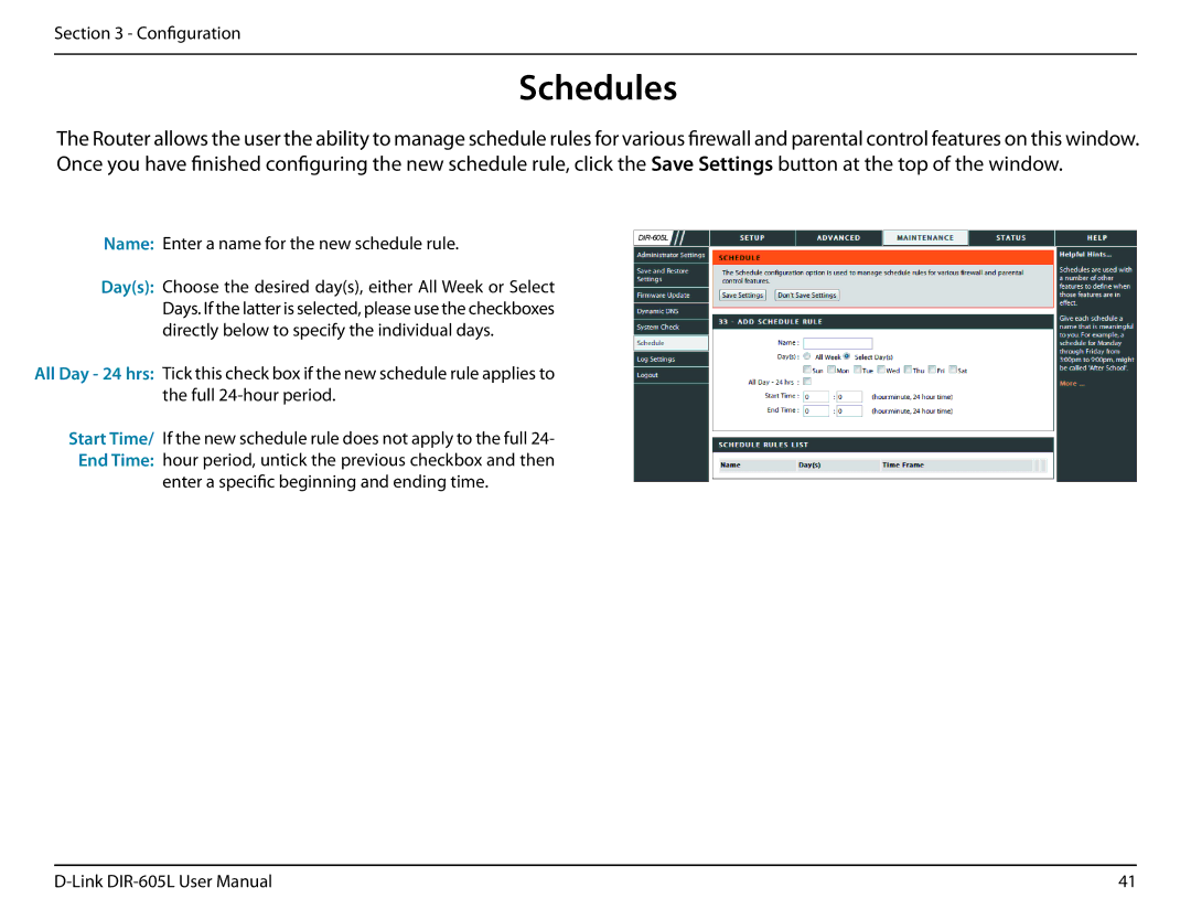 D-Link DIR-605L user manual Schedules, Name Enter a name for the new schedule rule 