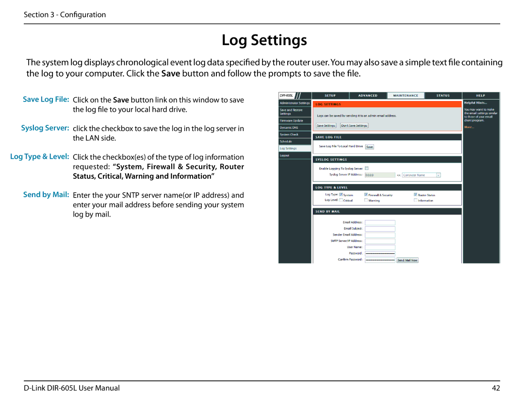 D-Link DIR-605L user manual Log Settings, Send by Mail 