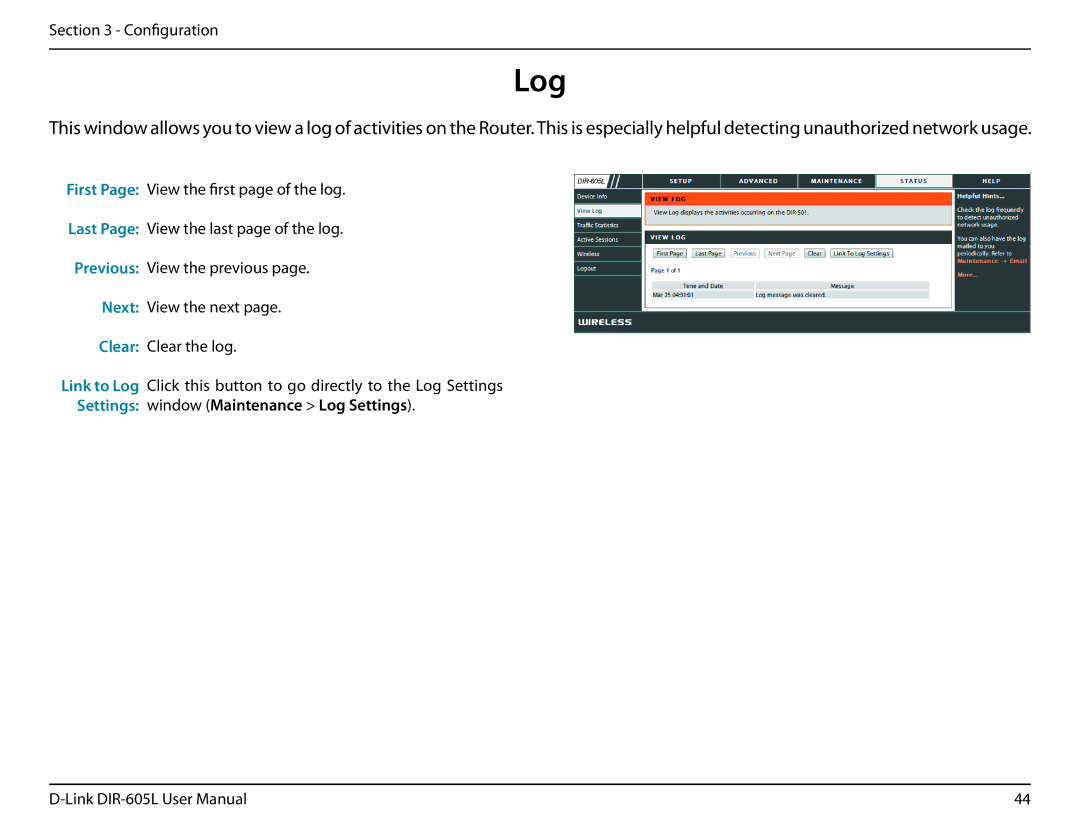 D-Link DIR-605L user manual Log 