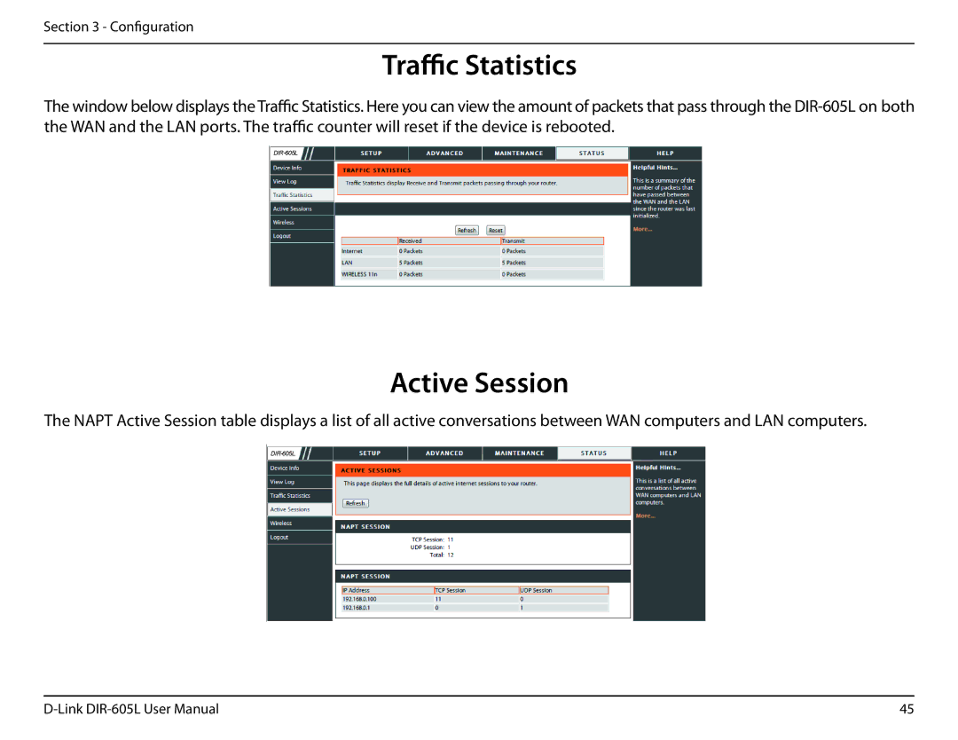 D-Link DIR-605L user manual Traffic Statistics, Active Session 
