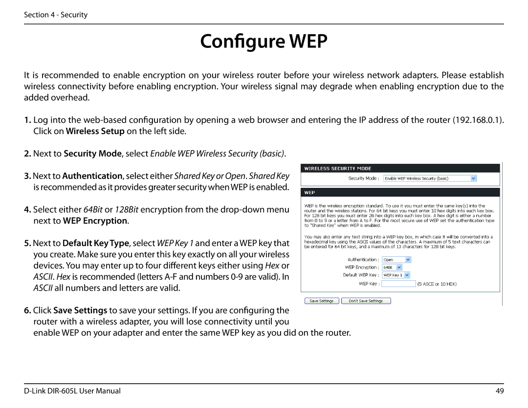 D-Link DIR-605L user manual Configure WEP 