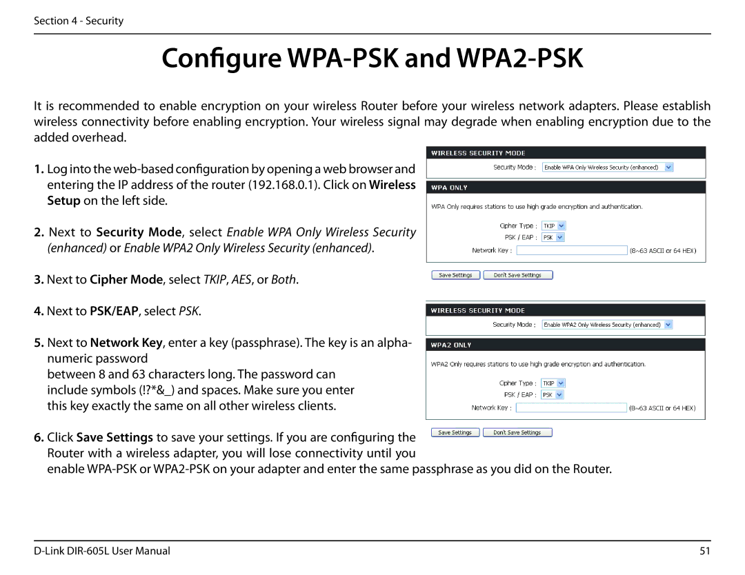 D-Link DIR-605L user manual Configure WPA-PSK and WPA2-PSK 