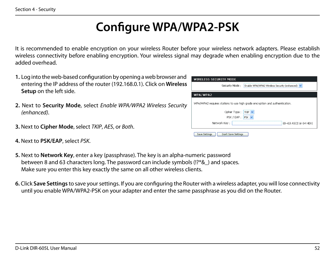 D-Link DIR-605L user manual Configure WPA/WPA2-PSK 