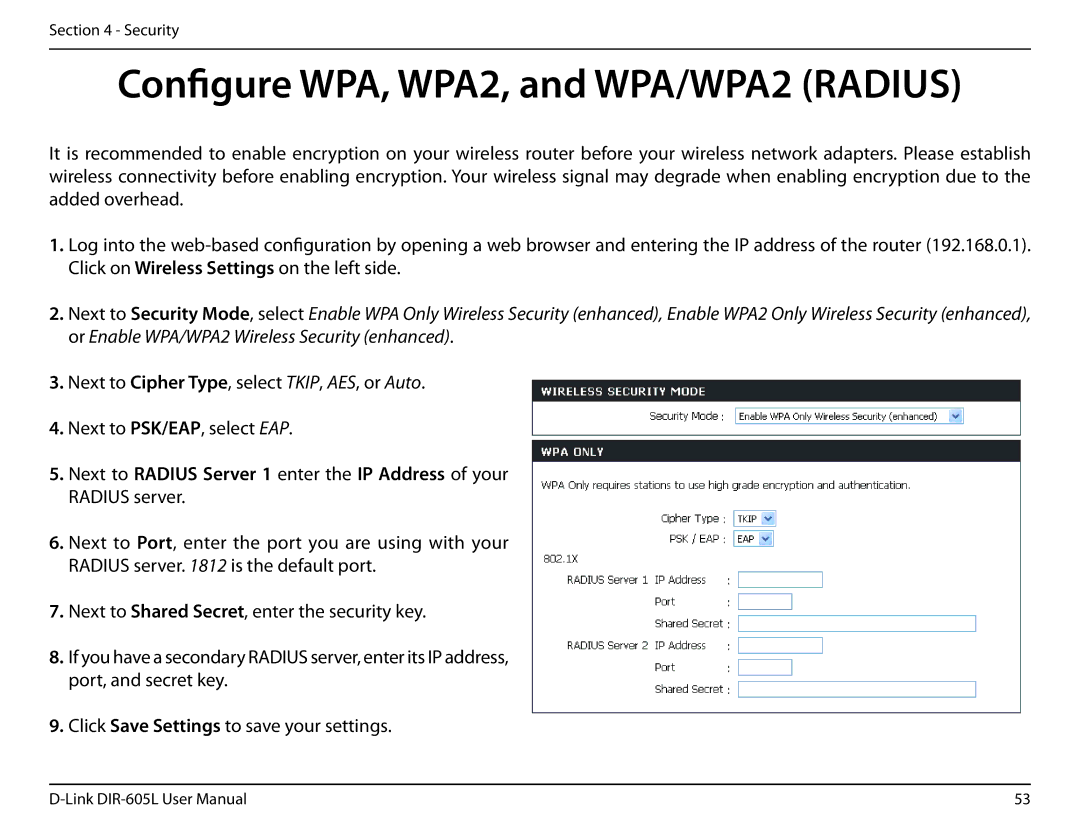 D-Link DIR-605L user manual Configure WPA, WPA2, and WPA/WPA2 Radius 