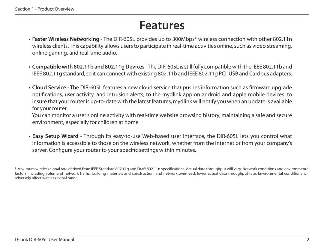 D-Link DIR-605L user manual Features 