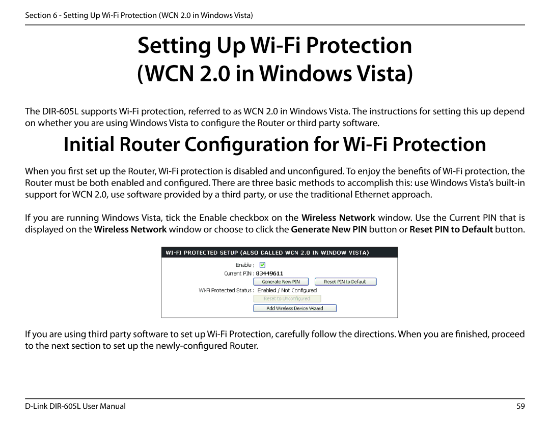 D-Link DIR-605L Setting Up Wi-Fi Protection WCN 2.0 in Windows Vista, Initial Router Configuration for Wi-Fi Protection 