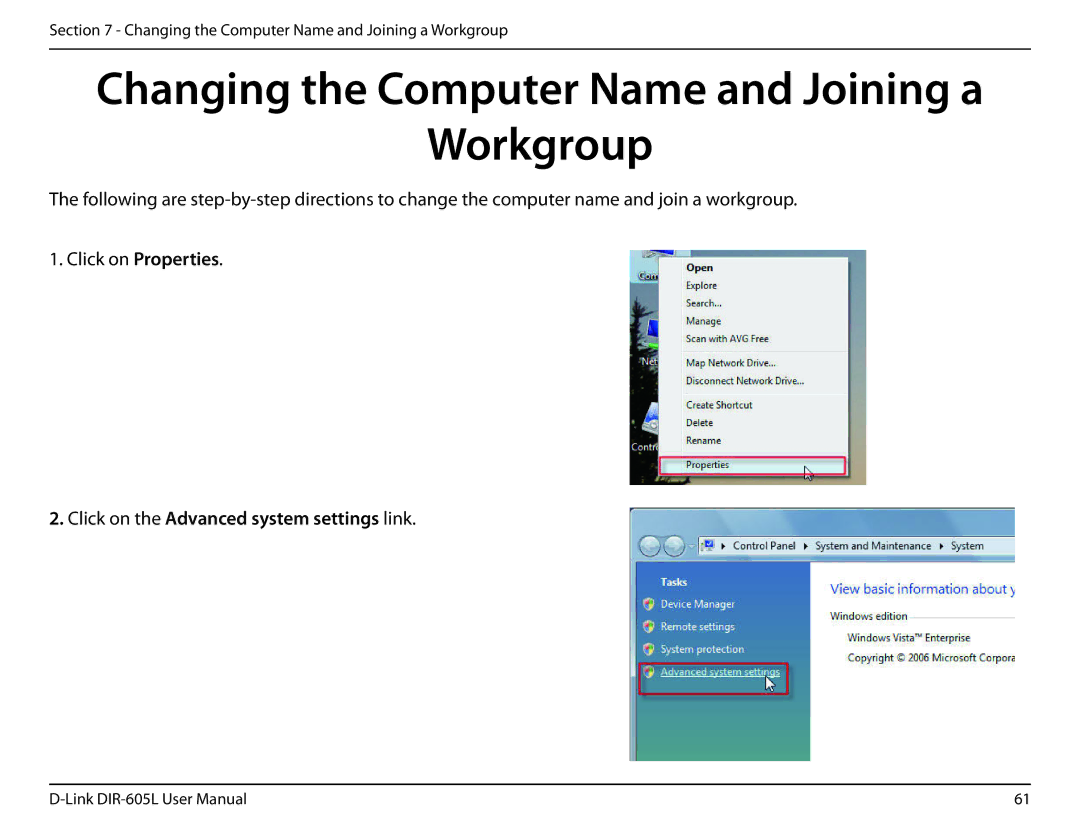 D-Link DIR-605L user manual Changing the Computer Name and Joining a Workgroup, Click on the Advanced system settings link 