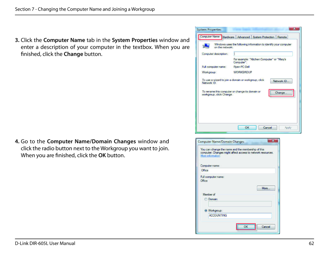 D-Link DIR-605L user manual Changing the Computer Name and Joining a Workgroup 