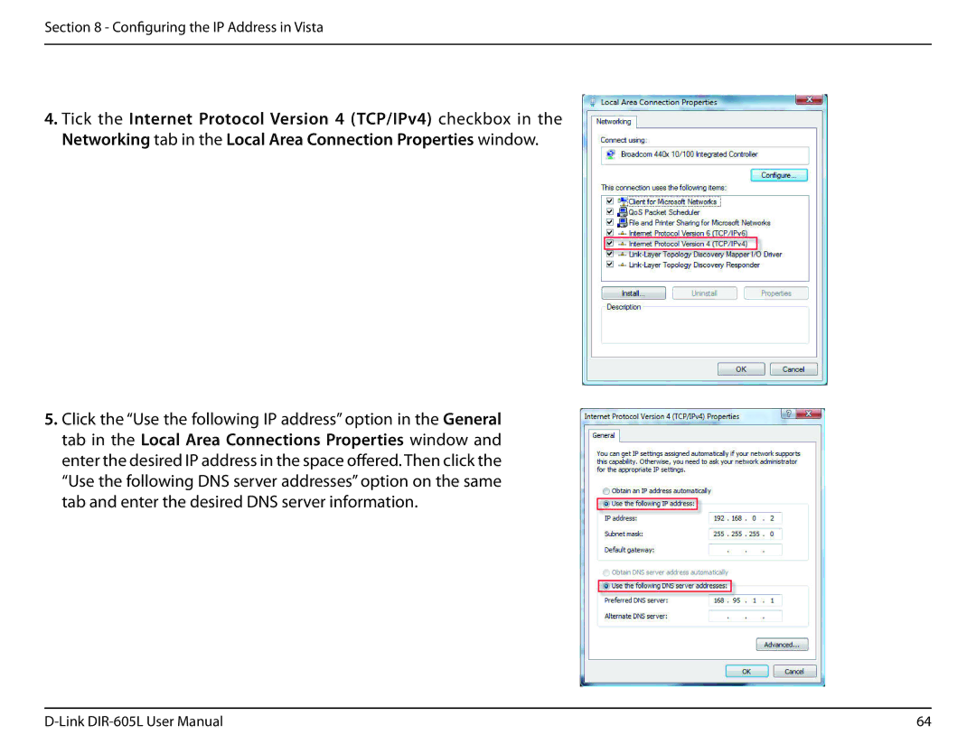 D-Link DIR-605L user manual Configuring the IP Address in Vista 