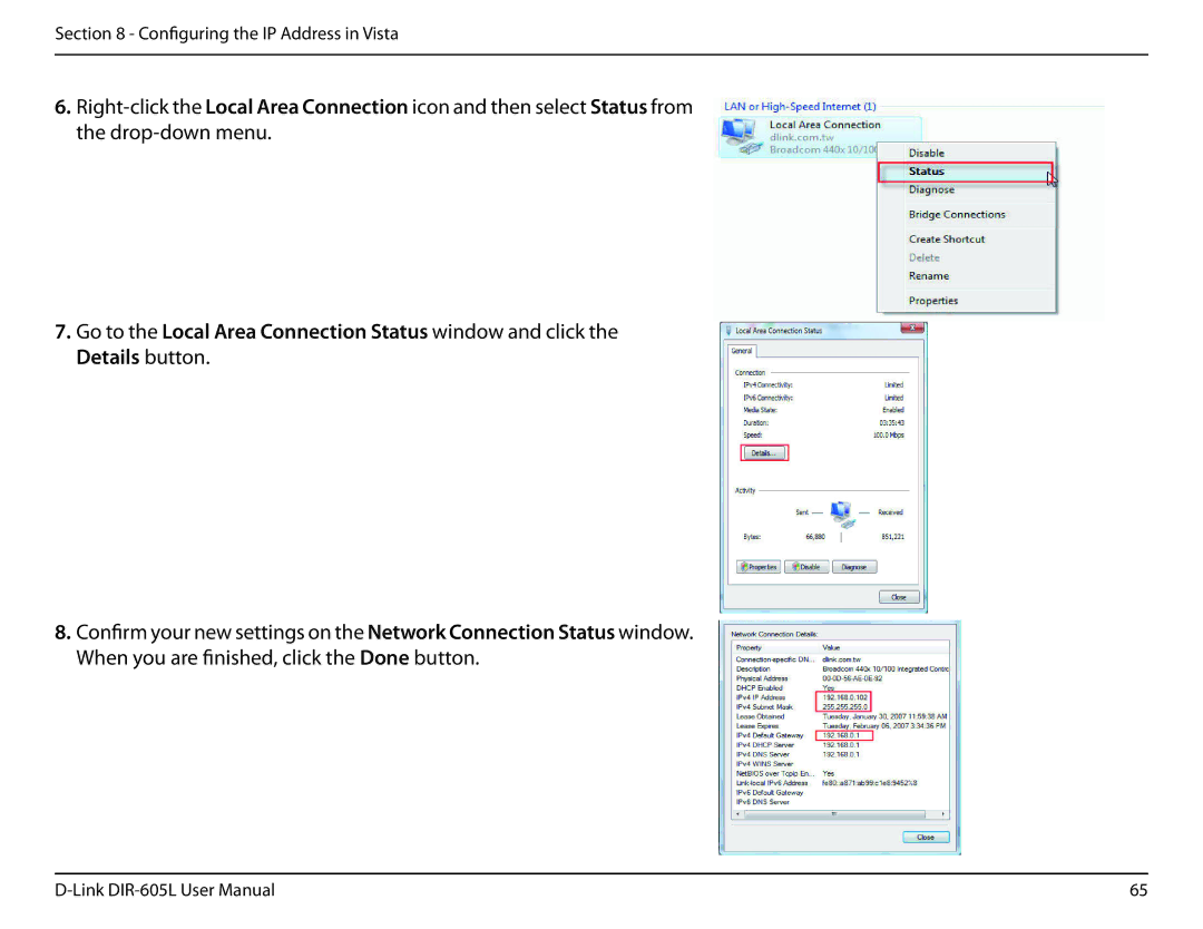 D-Link DIR-605L user manual Configuring the IP Address in Vista 