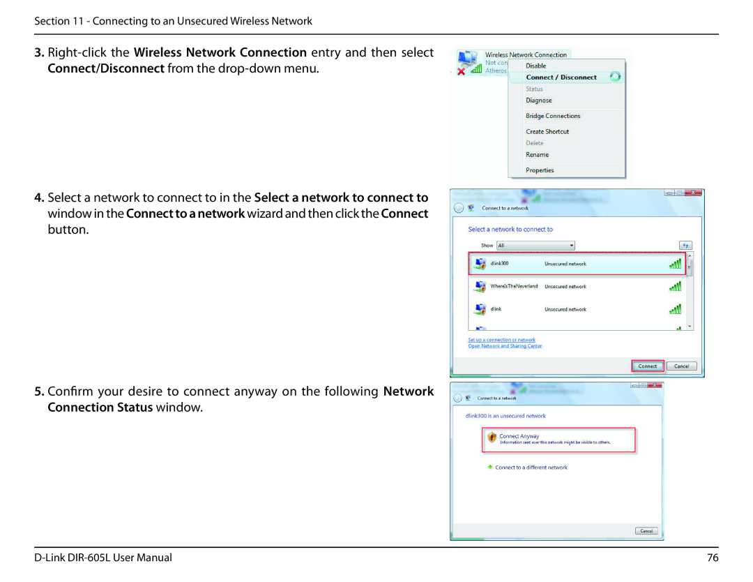 D-Link DIR-605L user manual Connecting to an Unsecured Wireless Network 