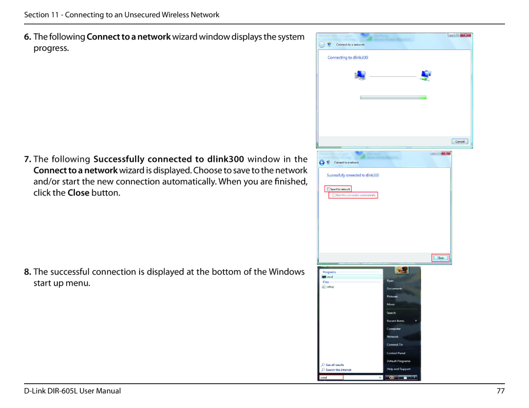 D-Link DIR-605L user manual Connecting to an Unsecured Wireless Network 