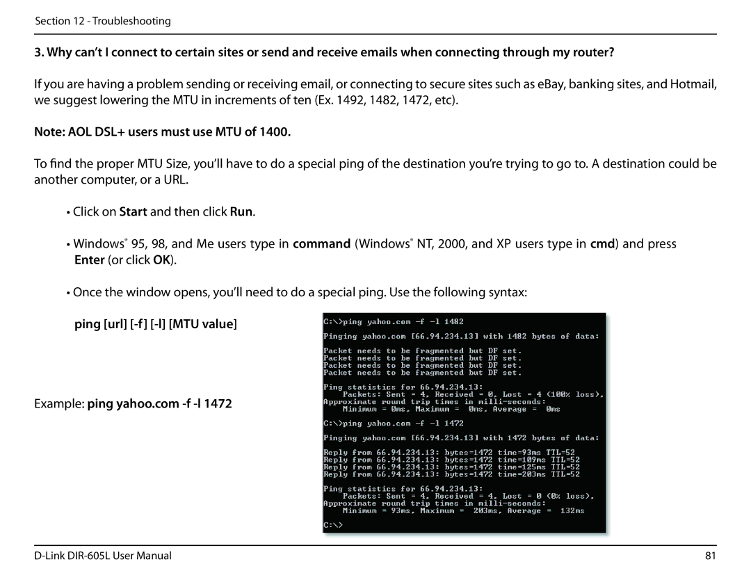 D-Link DIR-605L user manual Ping url -f -l MTU value 