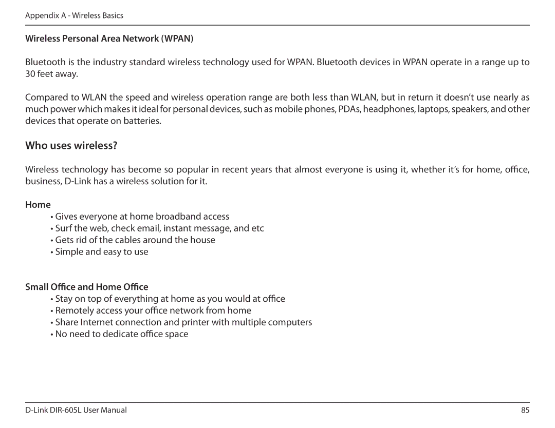 D-Link DIR-605L user manual Wireless Personal Area Network Wpan, Small Office and Home Office 