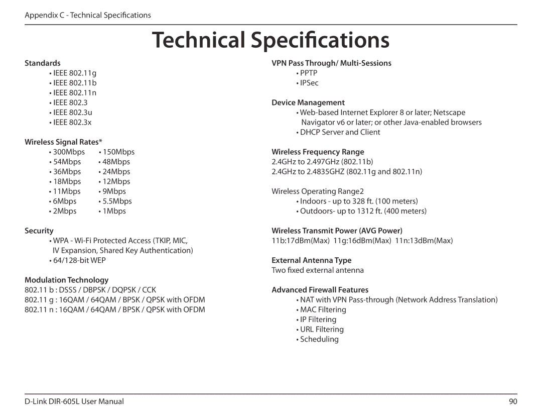 D-Link DIR-605L user manual Technical Specifications, Device Management 