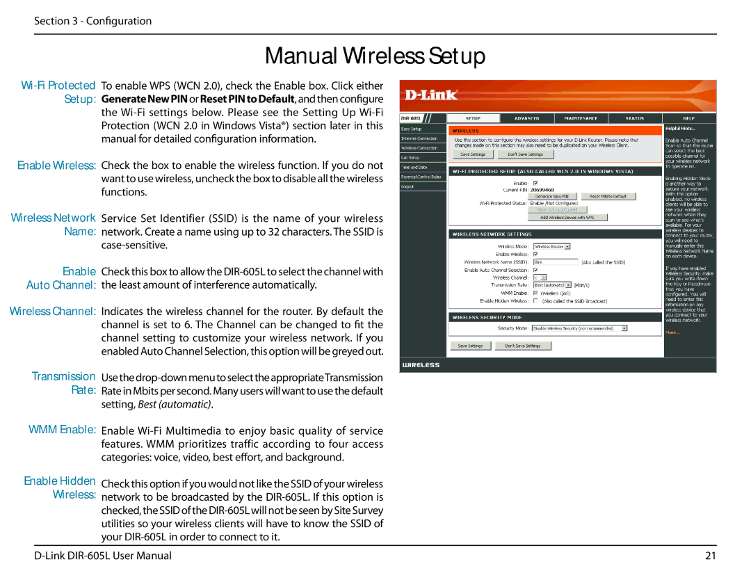 D-Link DIR-605L manual Manual Wireless Setup, Wi-Fi Protected, Transmission, Enable Hidden 