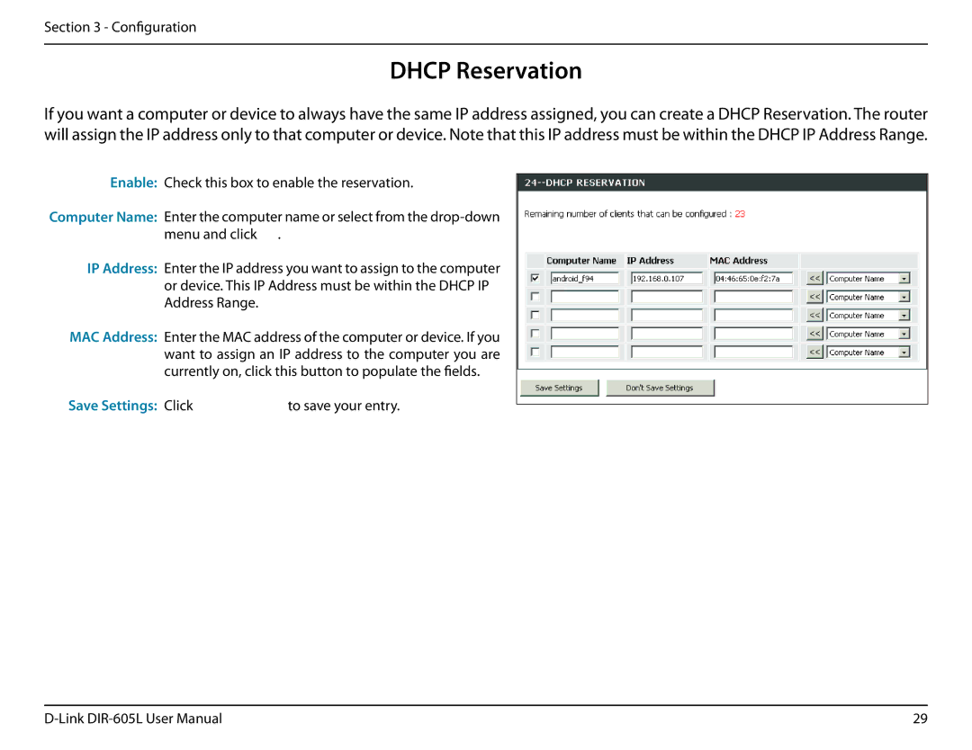 D-Link DIR-605L manual Dhcp Reservation 