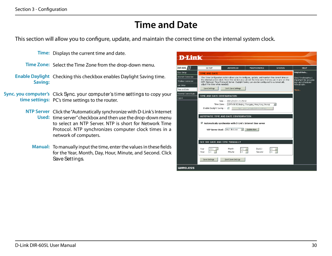 D-Link DIR-605L manual Time and Date, Time Zone, NTP Server Used 