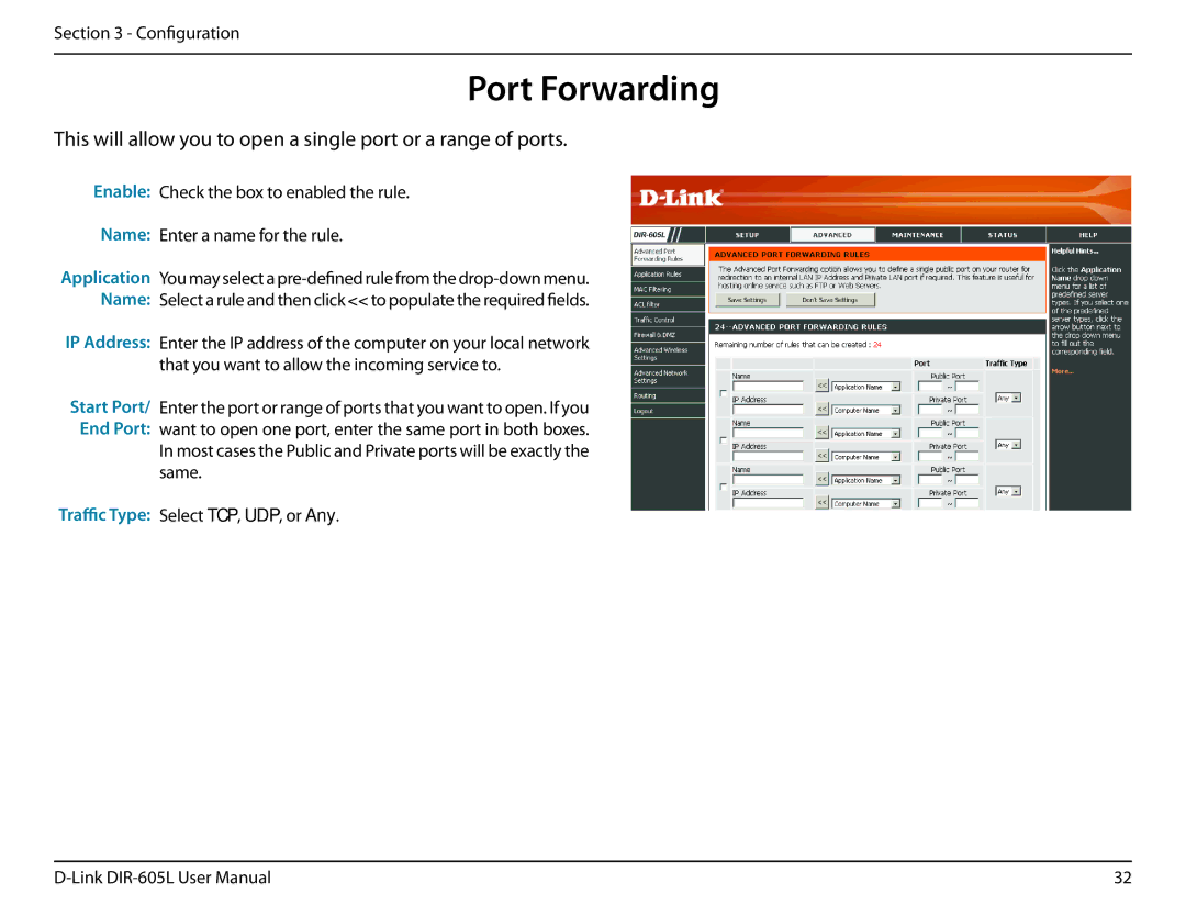 D-Link DIR-605L manual Port Forwarding 