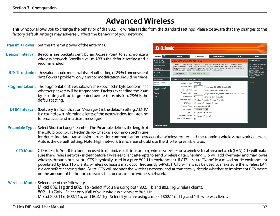 D-Link DIR-605L manual Advanced Wireless 