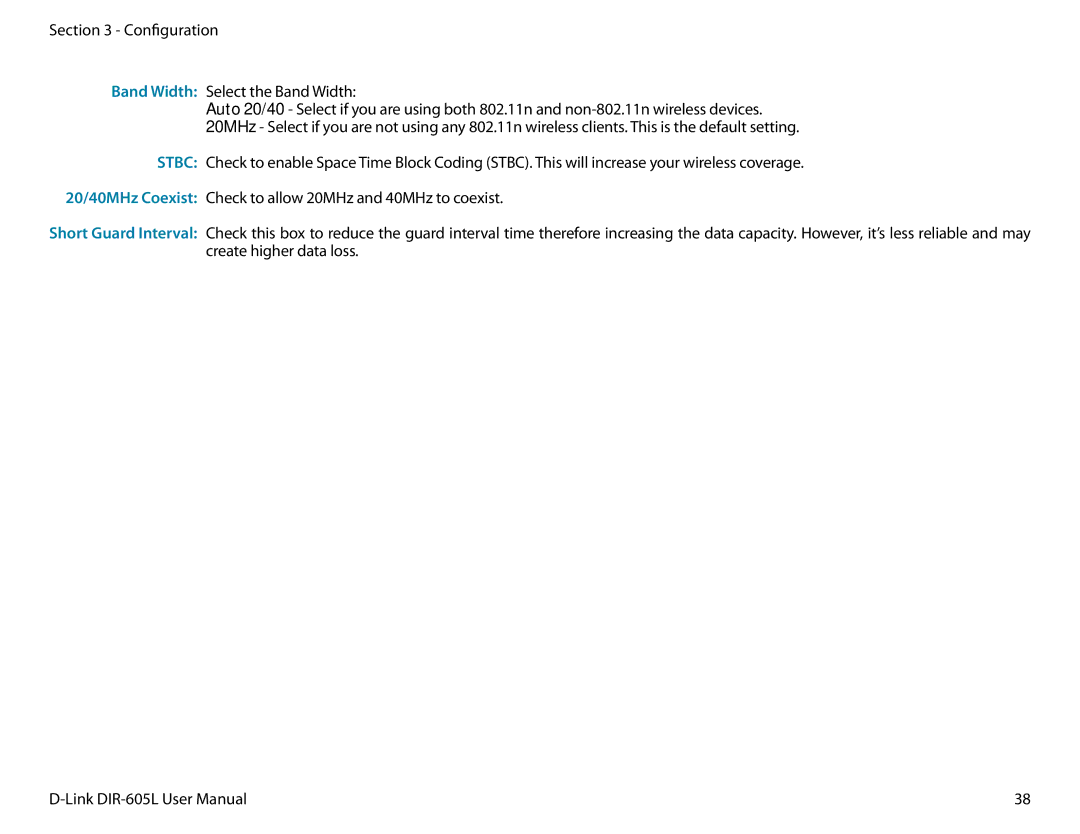 D-Link DIR-605L manual Configuration Band Width Select the Band Width 