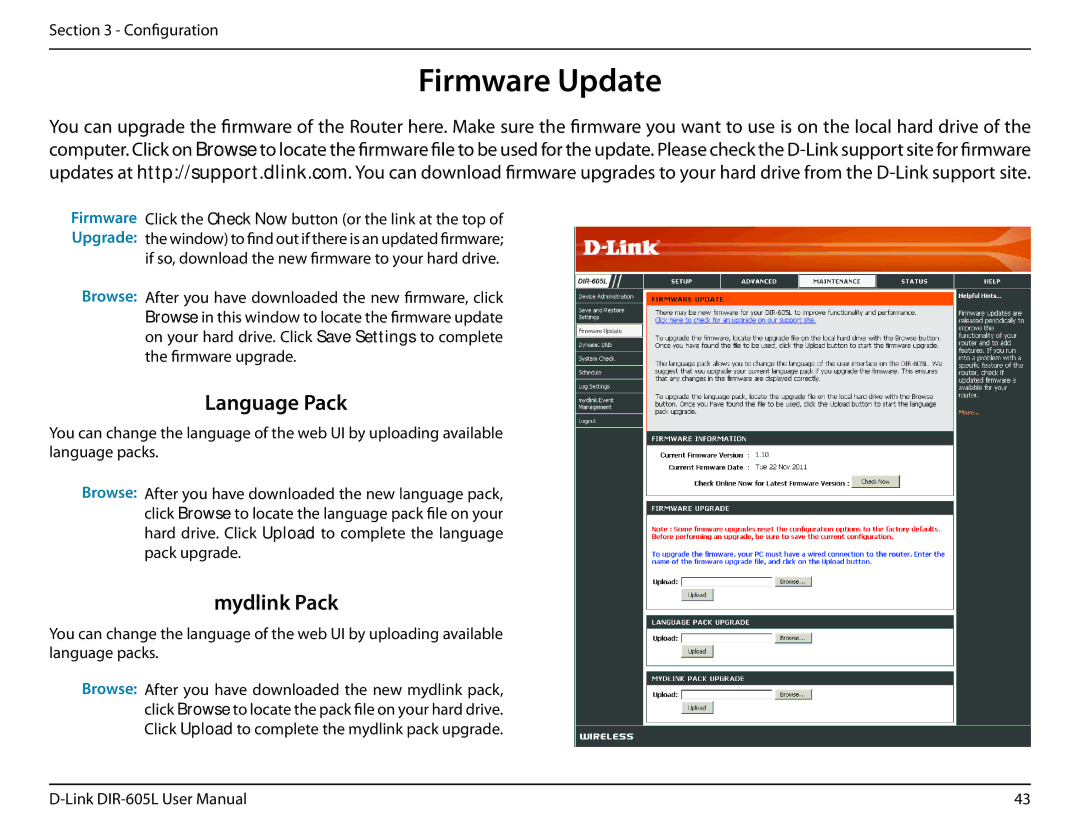 D-Link DIR-605L manual Firmware Update, Language Pack 