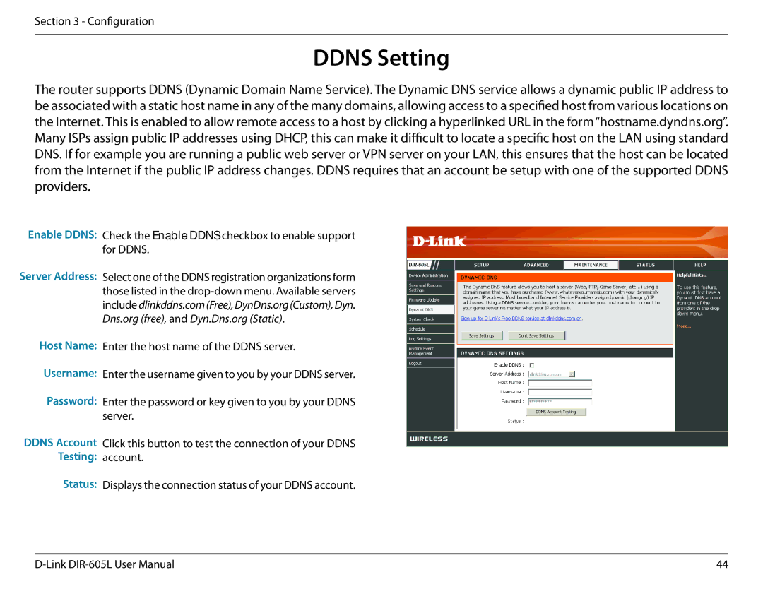 D-Link DIR-605L manual Ddns Setting, Enable Ddns, Host Name Username Password, Status 