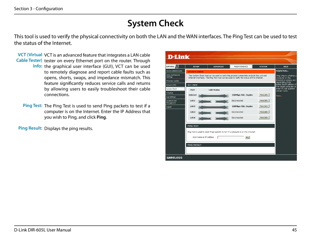 D-Link DIR-605L manual System Check, Info Ping Test 