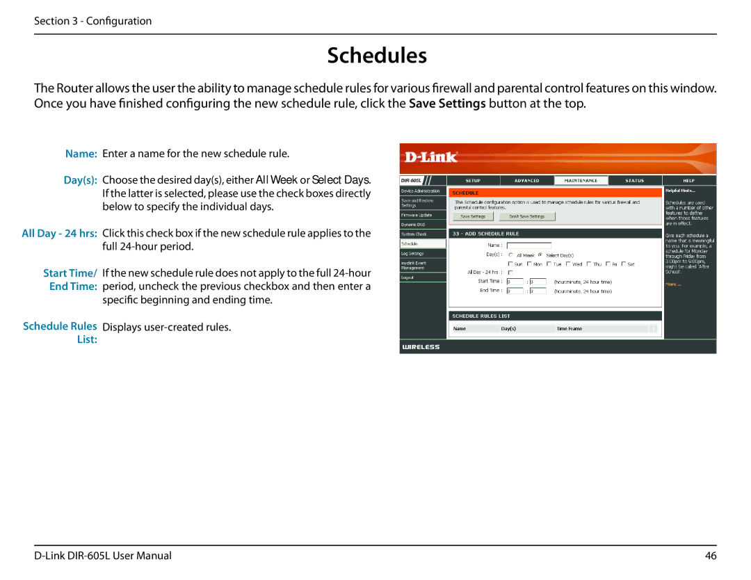 D-Link DIR-605L manual Schedules, Days, Start Time End Time 