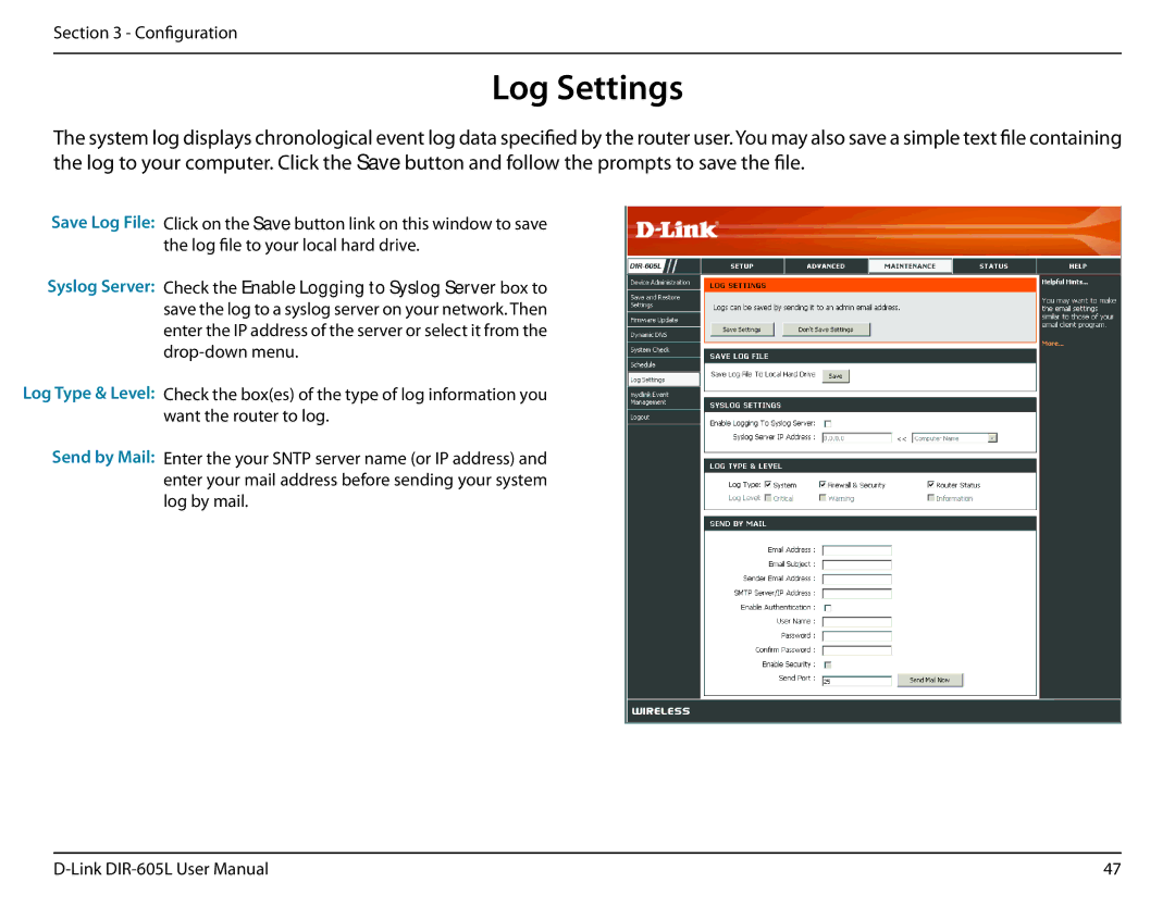 D-Link DIR-605L manual Log Settings, Save Log File Syslog Server, Send by Mail 