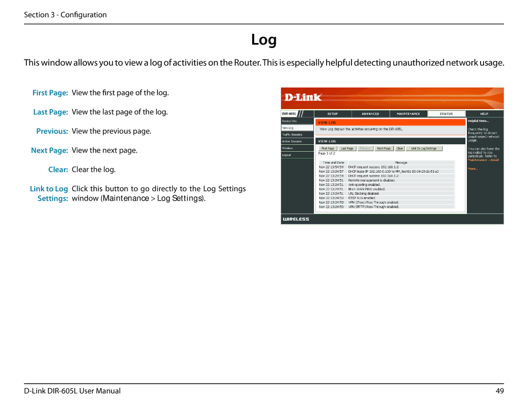 D-Link DIR-605L manual Log 