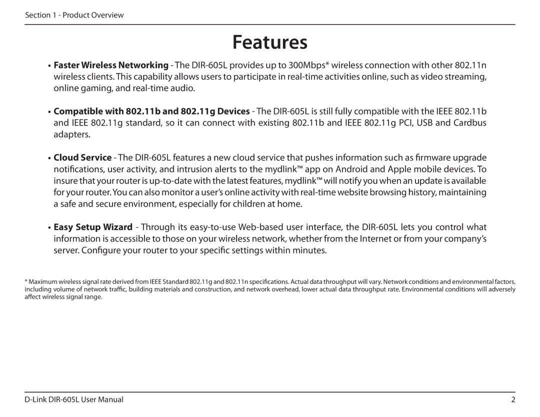 D-Link DIR-605L manual Features 