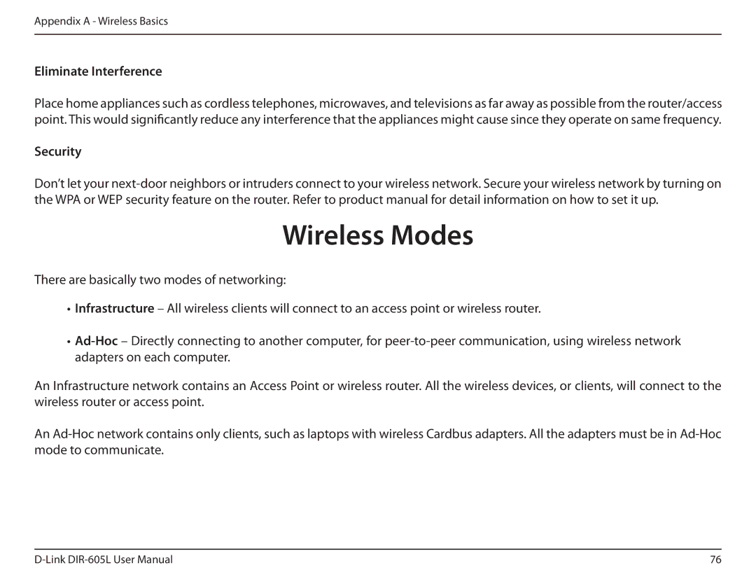 D-Link DIR-605L manual Wireless Modes, Eliminate Interference, Security 