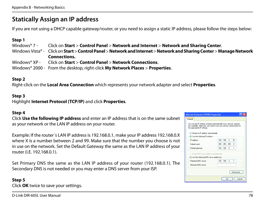 D-Link DIR-605L manual Step Highlight Internet Protocol TCP/IP and click Properties 