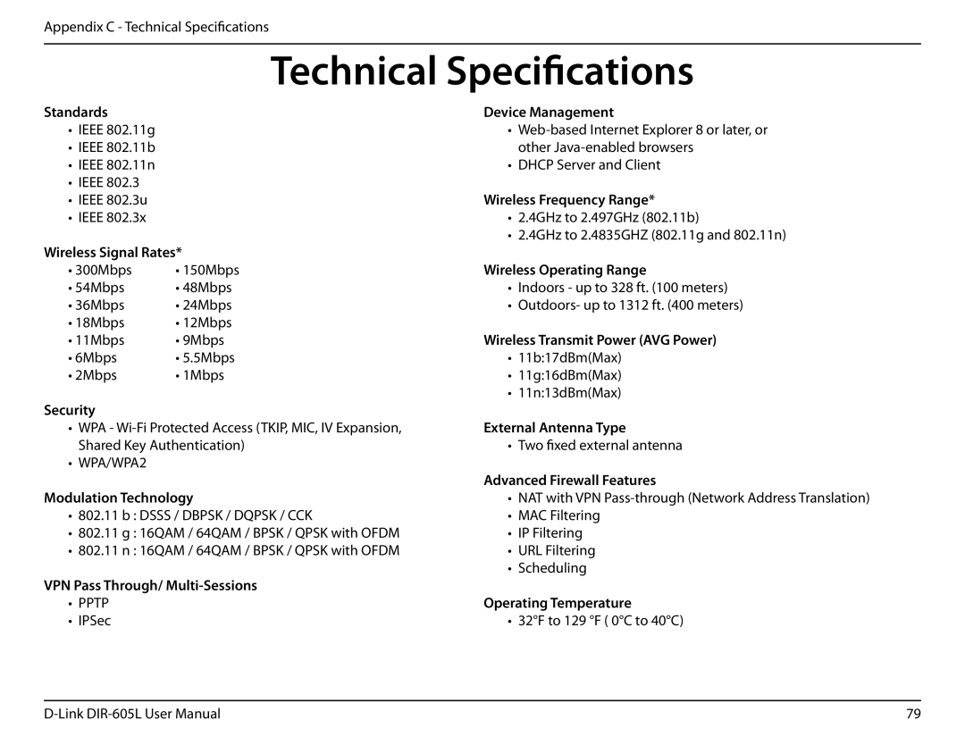 D-Link DIR-605L manual Technical Specifications, Standards Device Management 