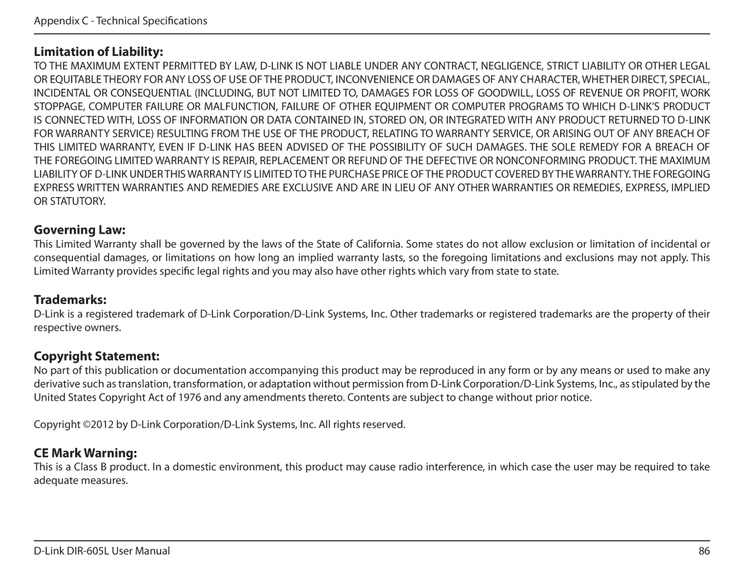 D-Link DIR-605L manual Limitation of Liability, Governing Law, Trademarks, Copyright Statement, CE Mark Warning 