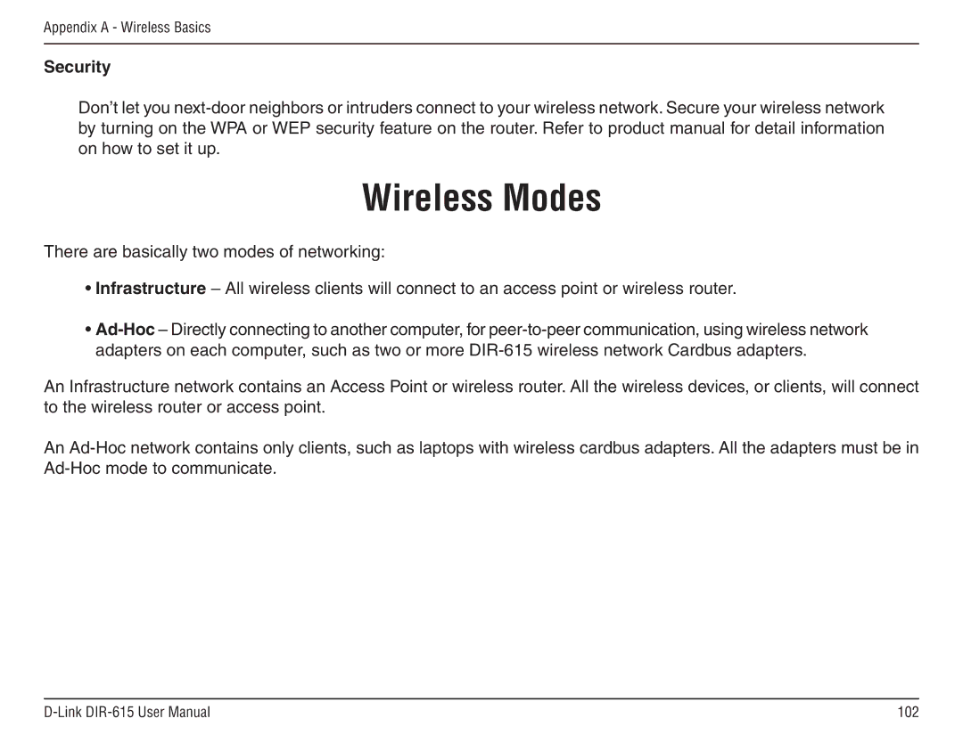 D-Link DIR-615 manual Wireless Modes, Security 