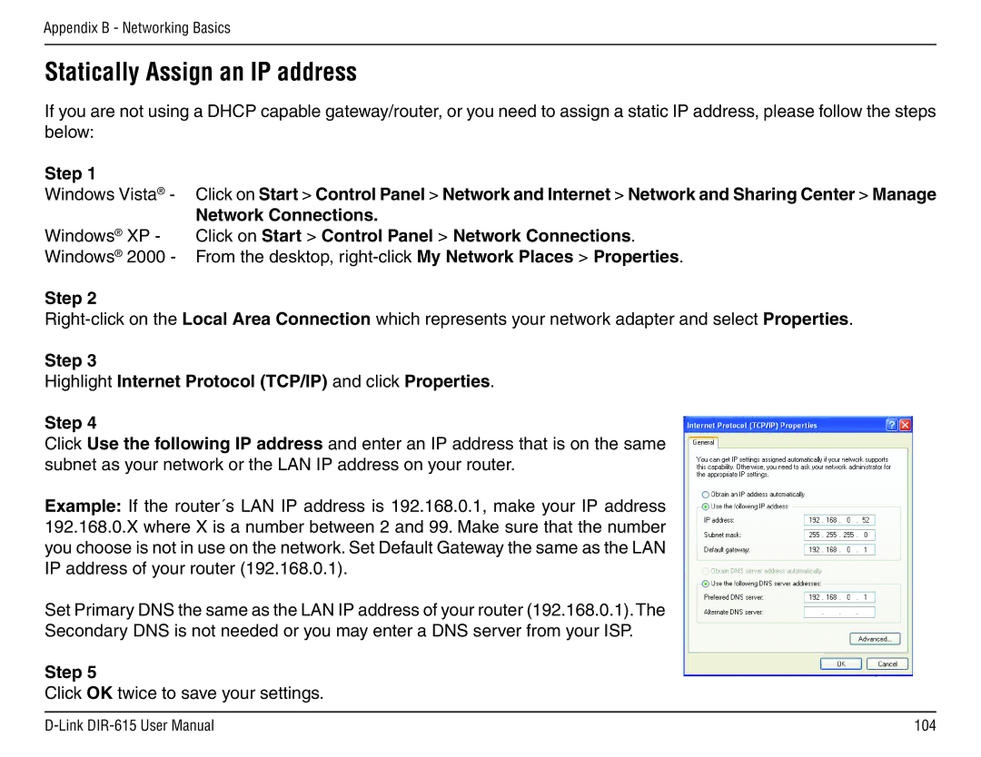 D-Link DIR-615 manual Statically Assign an IP address, Step 