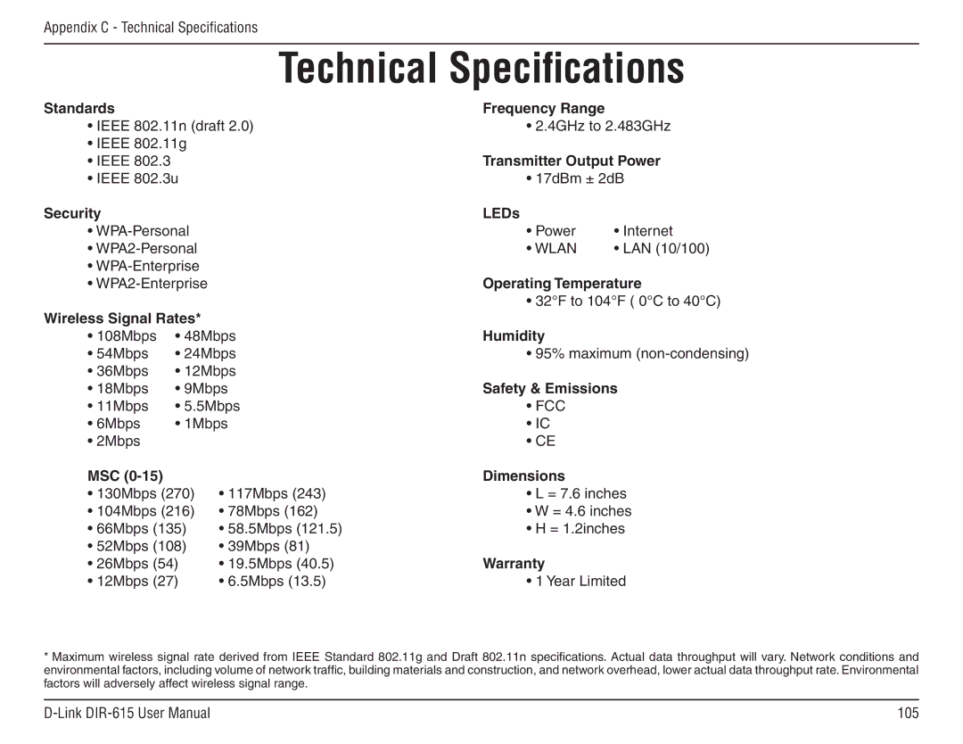 D-Link DIR-615 manual Technical Specifications 