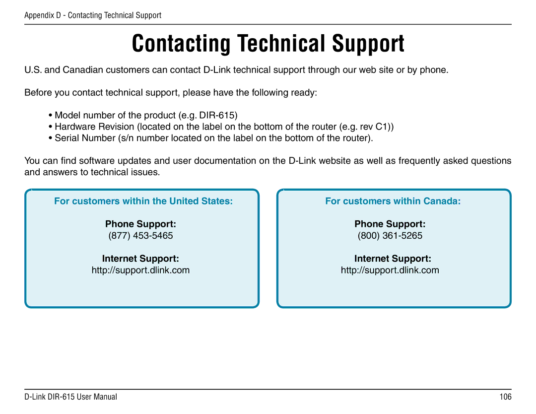 D-Link DIR-615 manual Contacting Technical Support, For customers within the United States 