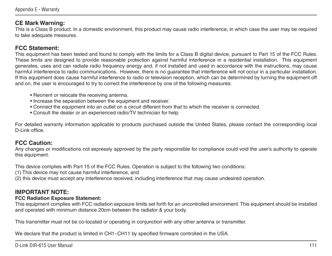 D-Link DIR-615 manual CE Mark Warning, FCC Statement, FCC Caution, FCC Radiation Exposure Statement 