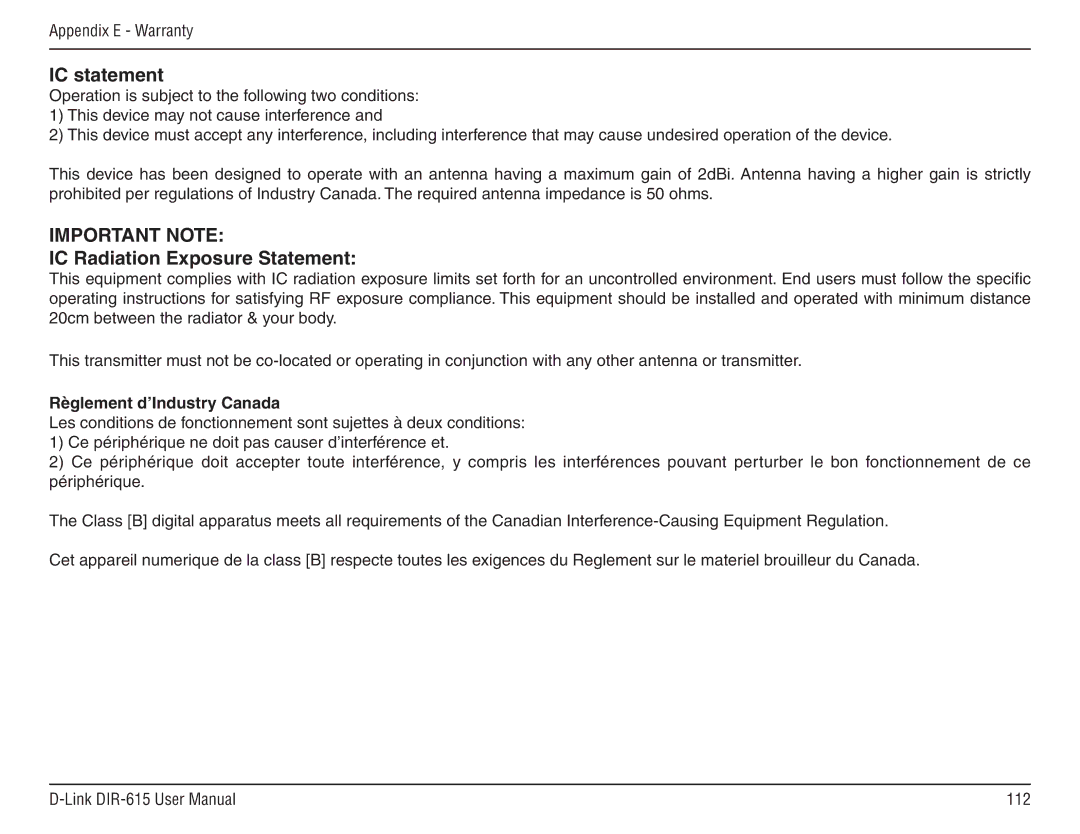 D-Link DIR-615 manual IC statement, IC Radiation Exposure Statement, Règlement d’Industry Canada 