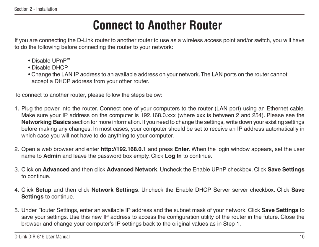 D-Link DIR-615 manual Connect to Another Router 