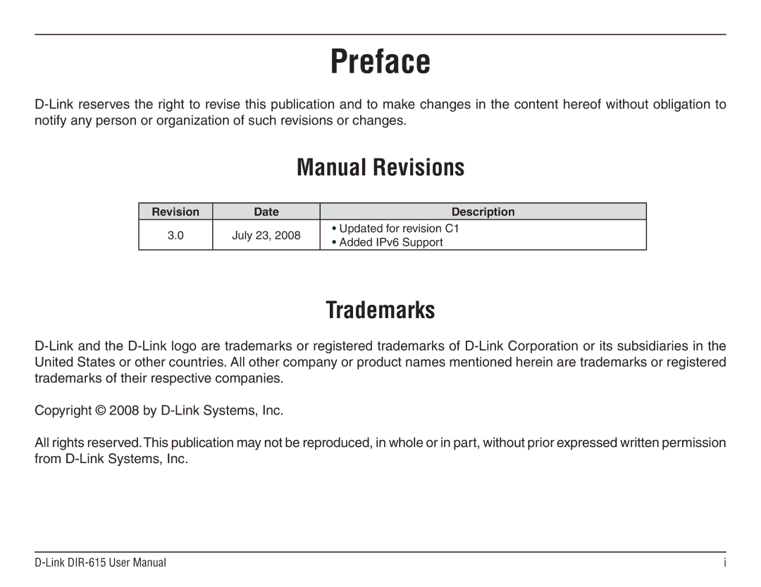 D-Link DIR-615 manual Preface, Manual Revisions, Trademarks, Date Description 